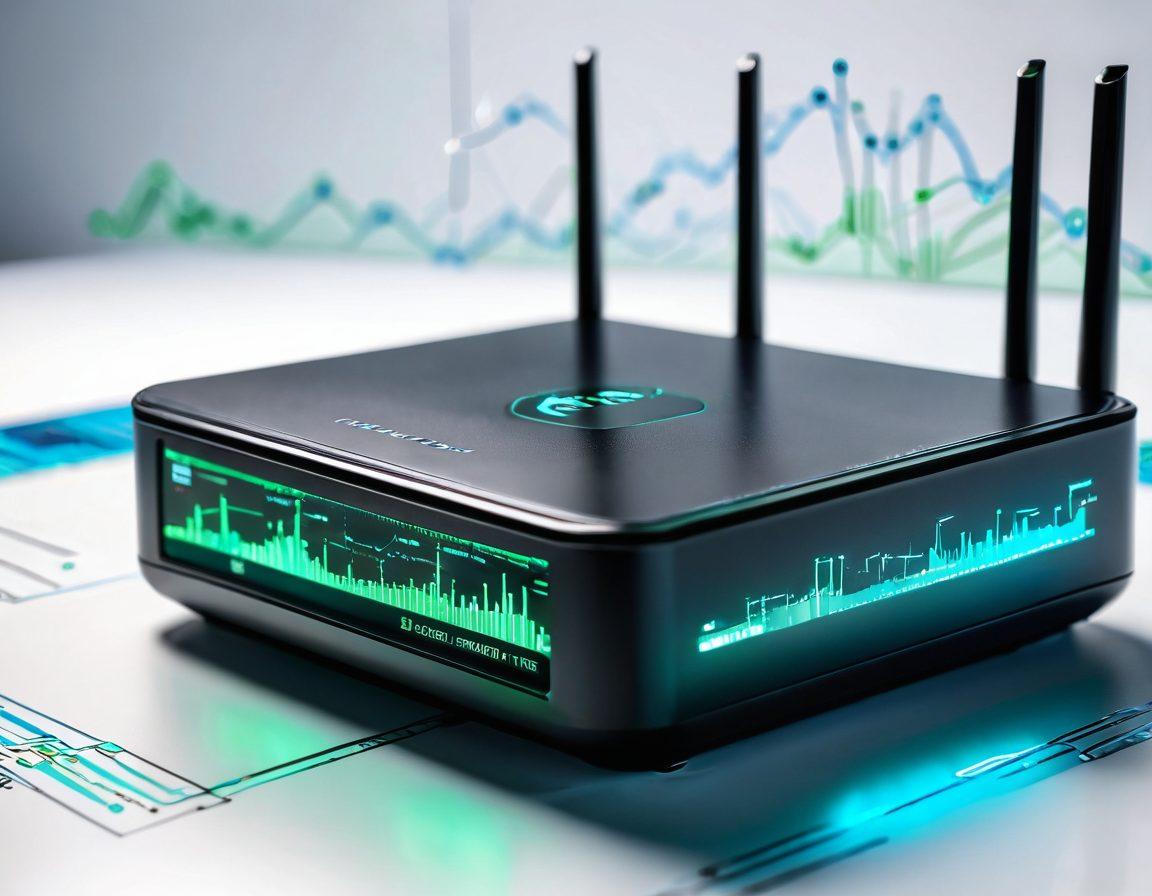A close-up view of a sleek modern router with glowing indicators, surrounded by digital graphs showcasing network performance metrics. In the background, an abstract representation of custom firmware code with lines of programming text flowing seamlessly. Use a tech-inspired color palette featuring blues and greens to emphasize connectivity. hyper-realistic. vibrant colors. white background.