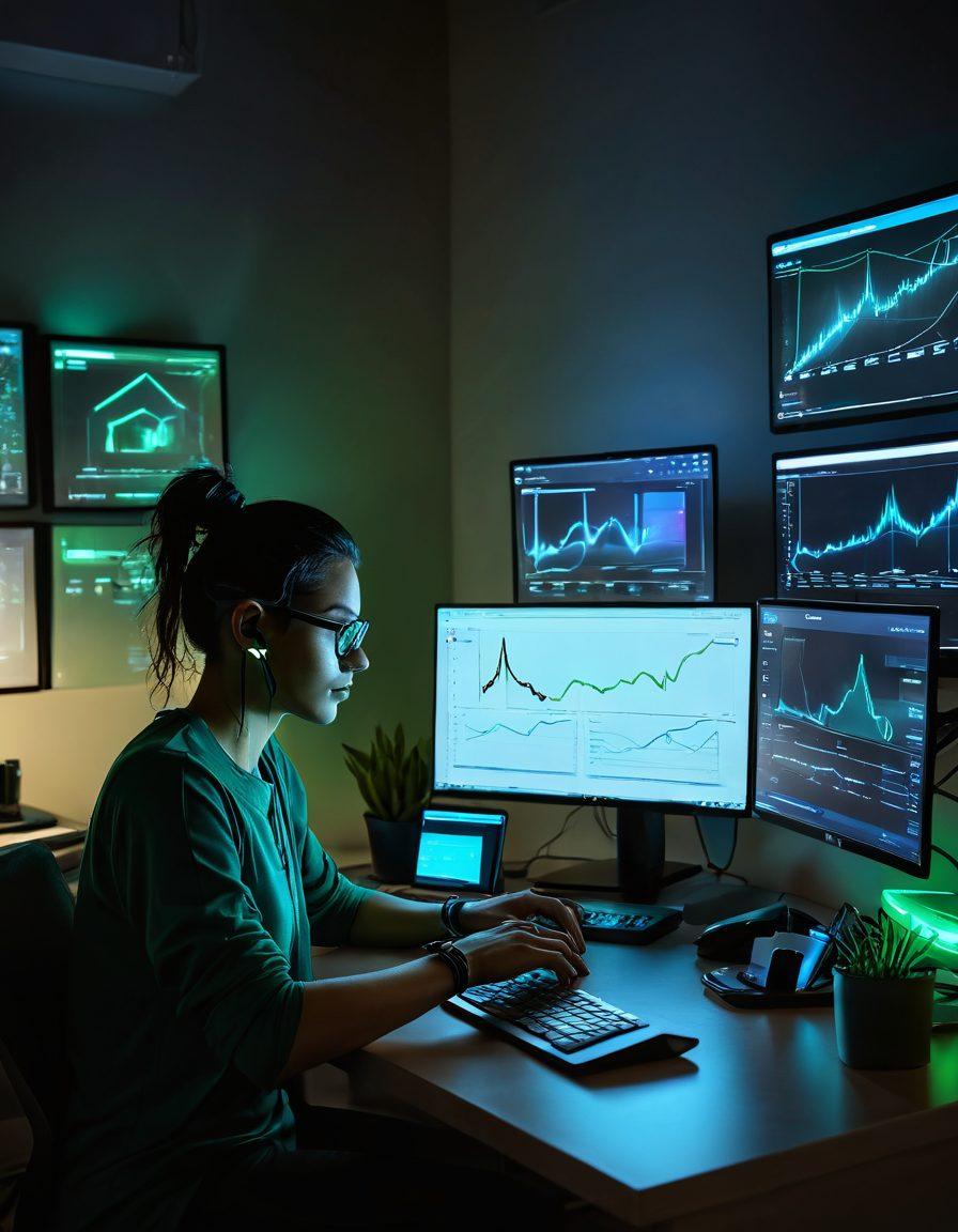 A sleek, modern home office with multiple devices connected wirelessly, showcasing high-speed connections with glowing signals and data streams flowing visually between them. A person engaged in setting up a DD-WRT router, surrounded by charts and graphs indicating network performance. Bright blue and green hues illuminate the scene, emphasizing advanced technology. Cyberpunk aesthetic. Super-realistic.